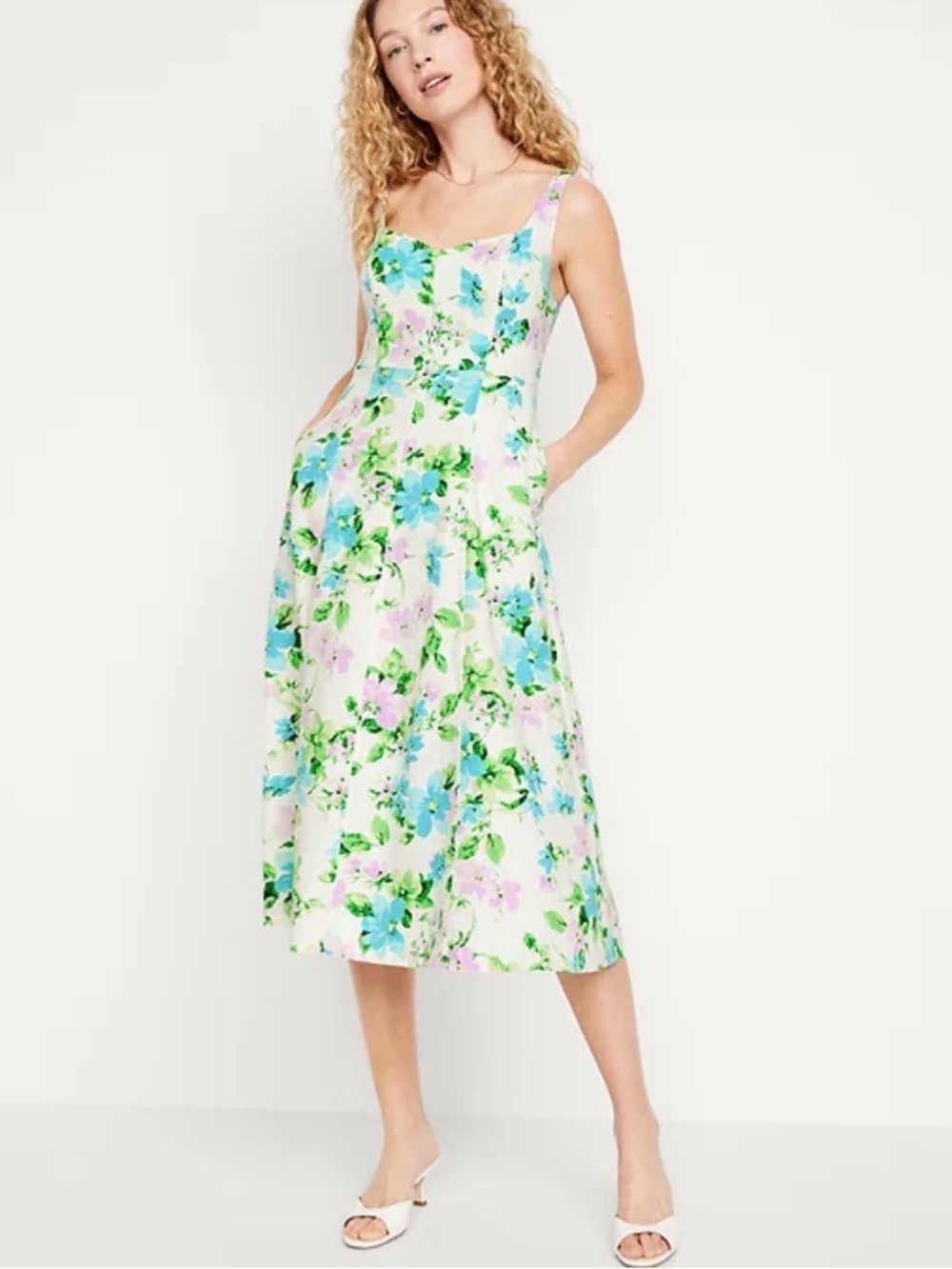 Old Navy Floral Square-Neck Fit & Flare Midi Dress in Blue, Green & Pink